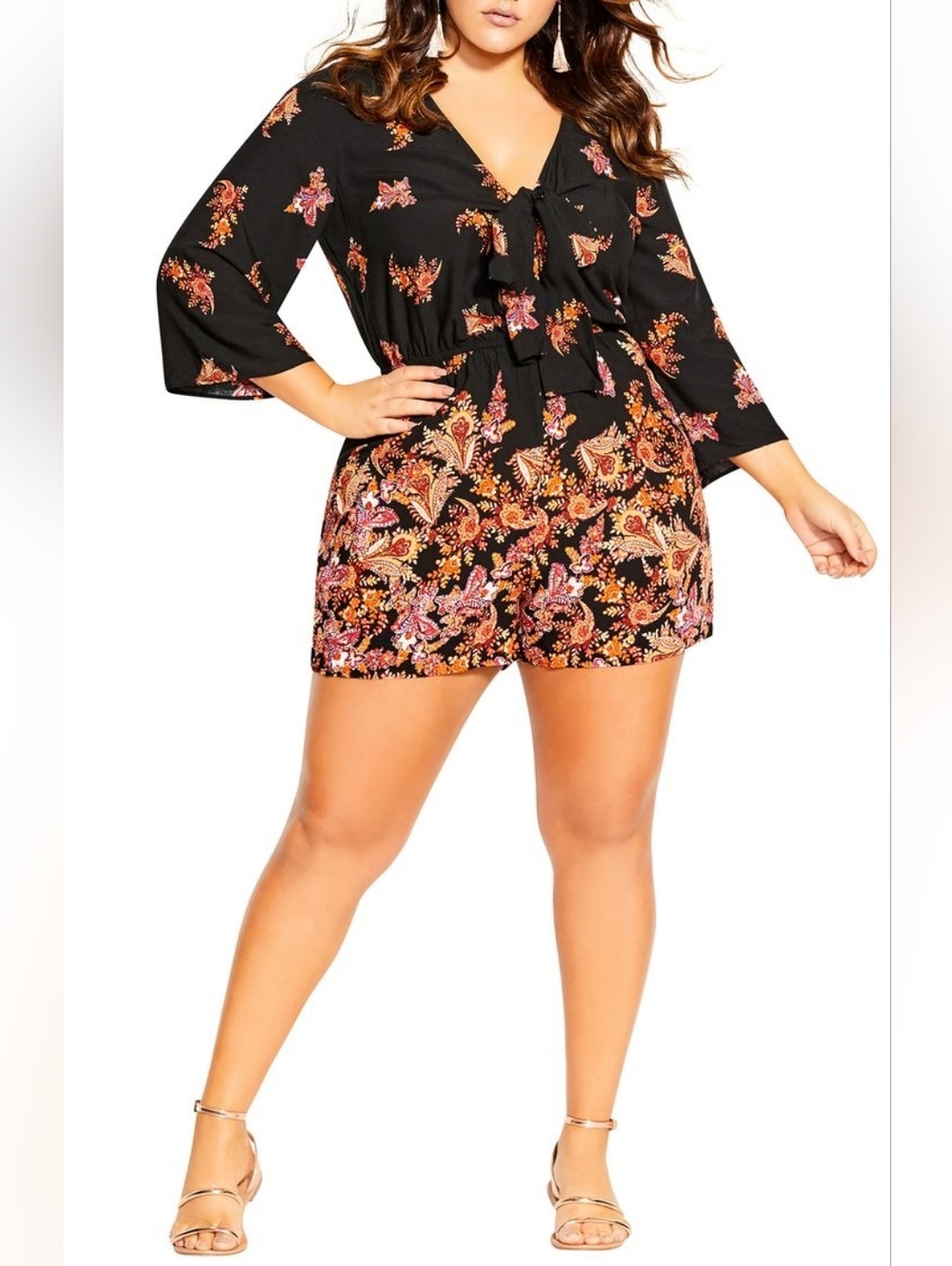 City Chic Floral Wrap Romper | Black & Rust Boho